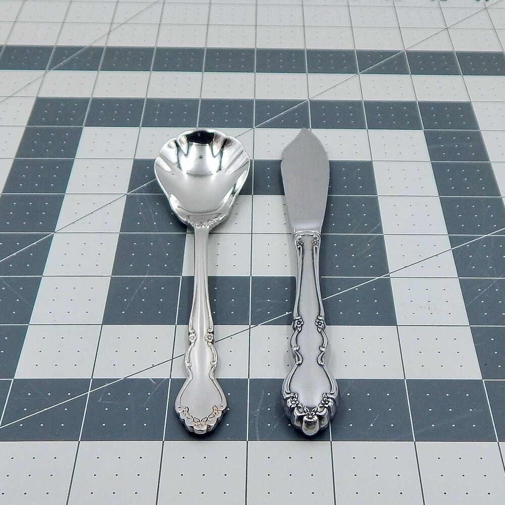 Oneida DOVER Sugar Spoon & Butter Knife Heirloom Cube Stainless Flatware Glossy
